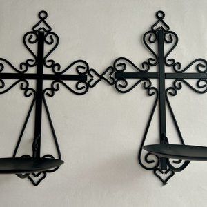 2 Black Metal Holy Cross Candle Sconce